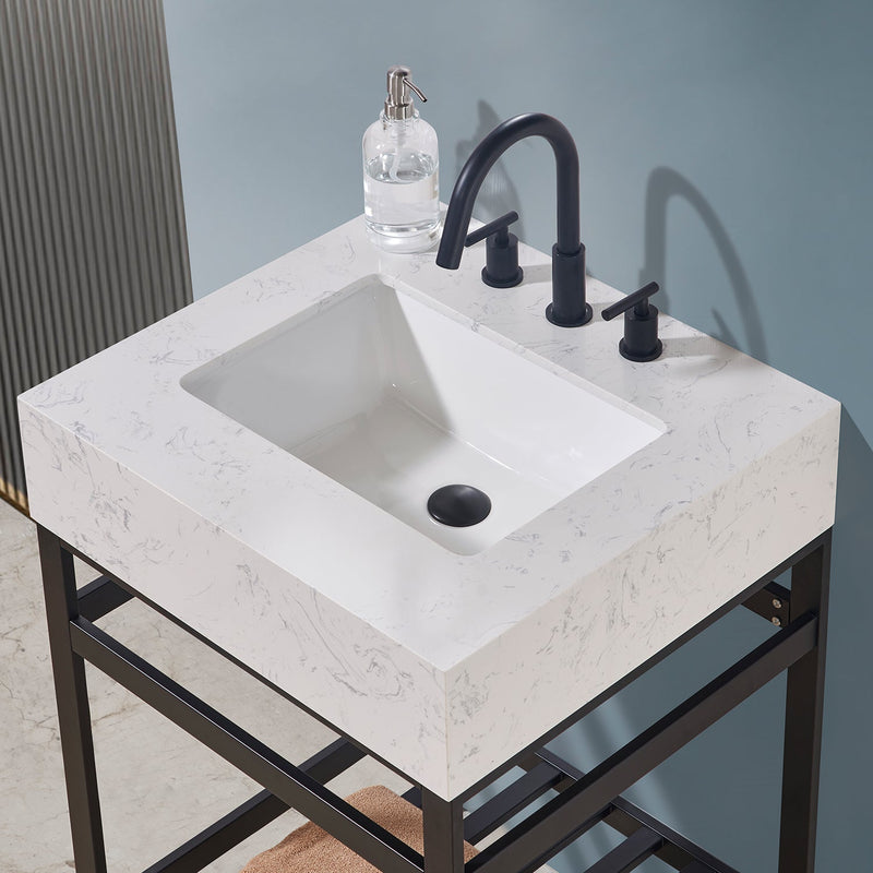 Altair Designs Merano 24" Single Stainless Steel Vanity Console with Aosta White Stone Countertop - 68024-AWAP-MB-NM - Backyard Provider