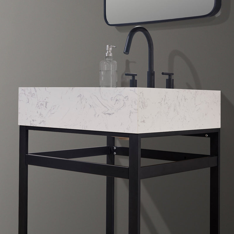 Altair Designs Merano 24" Single Stainless Steel Vanity Console with Aosta White Stone Countertop - 68024-AWAP-MB-NM - Backyard Provider