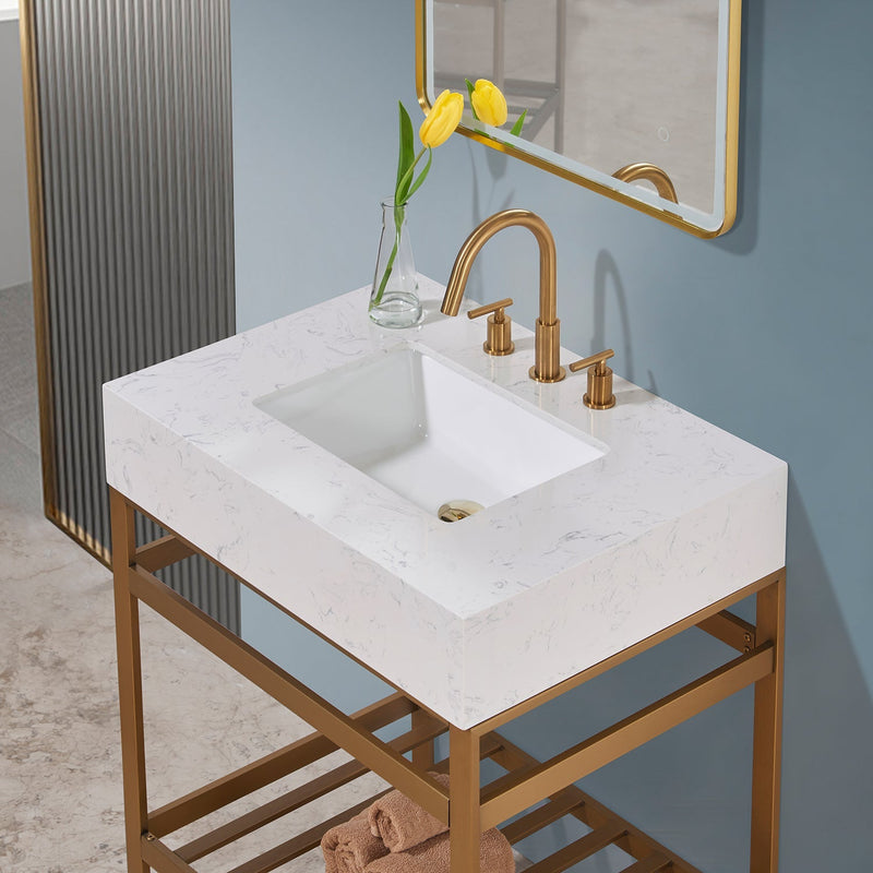 Altair Designs Merano 30" Single Stainless Steel Vanity Console with Aosta White Stone Countertop - 68030-AWAP-MB-NM - Backyard Provider