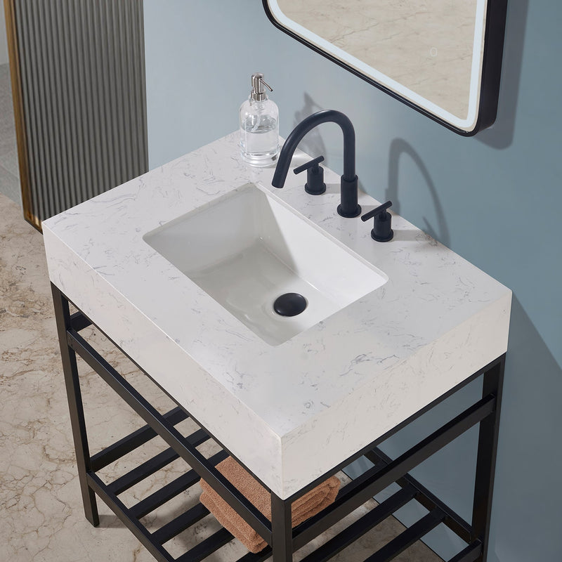 Altair Designs Merano 30" Single Stainless Steel Vanity Console with Aosta White Stone Countertop - 68030-AWAP-MB-NM - Backyard Provider