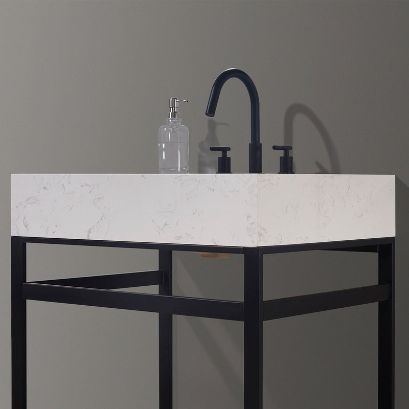 Altair Designs Merano 30" Single Stainless Steel Vanity Console with Aosta White Stone Countertop - 68030-AWAP-MB-NM - Backyard Provider