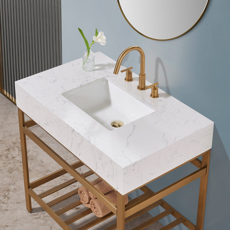 Altair Designs Merano 36" Single Stainless Steel Vanity Console with Aosta White Stone Countertop - 68036-AWAP-MB-NM - Backyard Provider