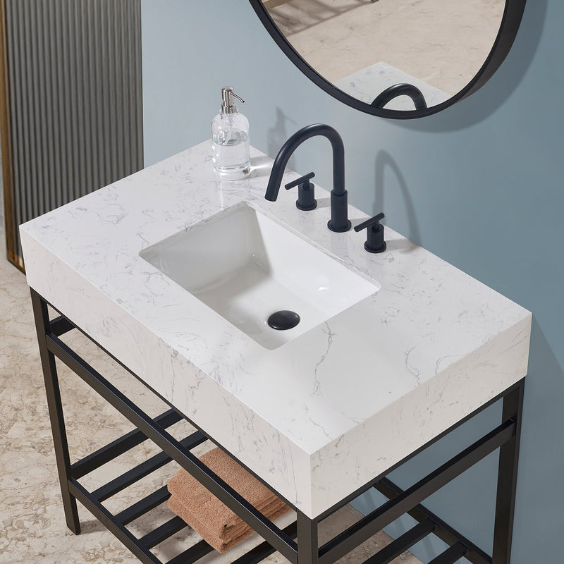 Altair Designs Merano 36" Single Stainless Steel Vanity Console with Aosta White Stone Countertop - 68036-AWAP-MB-NM - Backyard Provider