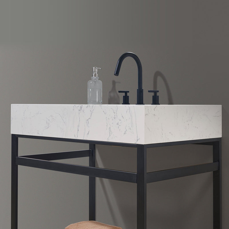 Altair Designs Merano 36" Single Stainless Steel Vanity Console with Aosta White Stone Countertop - 68036-AWAP-MB-NM - Backyard Provider