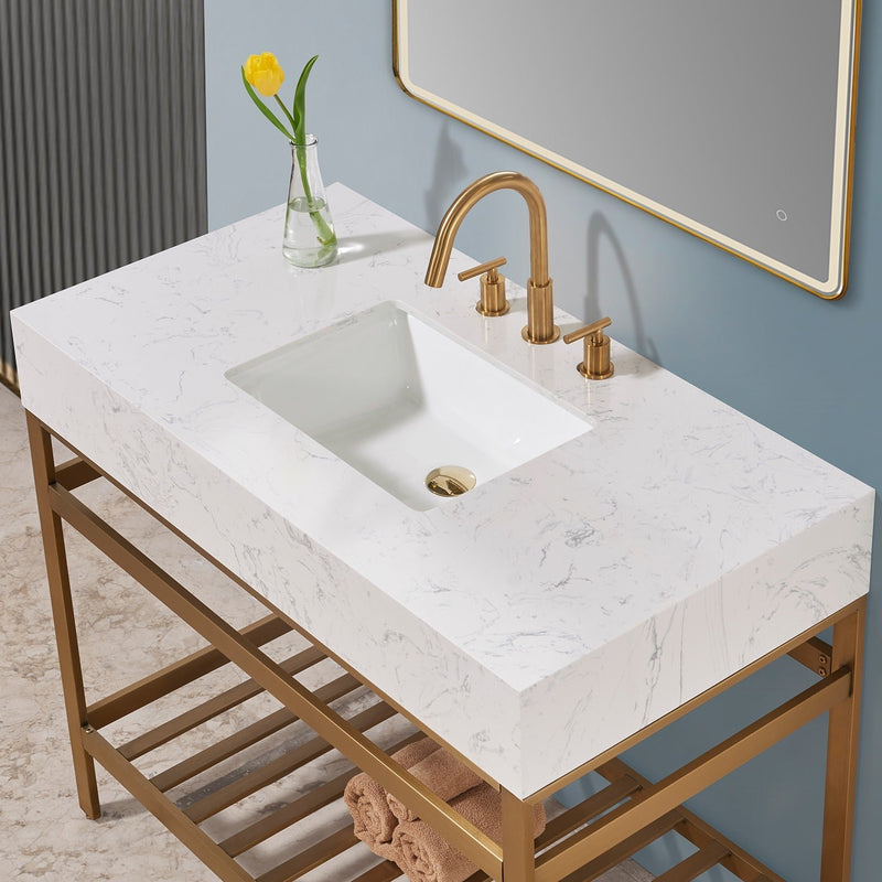 Altair Designs Merano 42" Single Stainless Steel Vanity Console with Aosta White Stone Countertop - 68042-AWAP-MB-NM - Backyard Provider