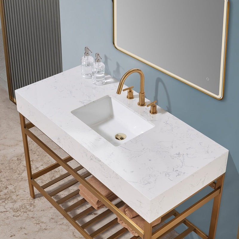 Altair Designs Merano 48" Single Stainless Steel Vanity Console with Aosta White Stone Countertop - 68048-AWAP-MB-NM - Backyard Provider