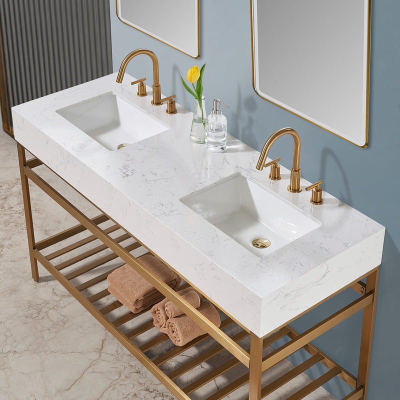 Altair Designs Merano 60" Double Stainless Steel Vanity Console with Aosta White Stone Countertop - 68060-AWAP-MB-NM - Backyard Provider