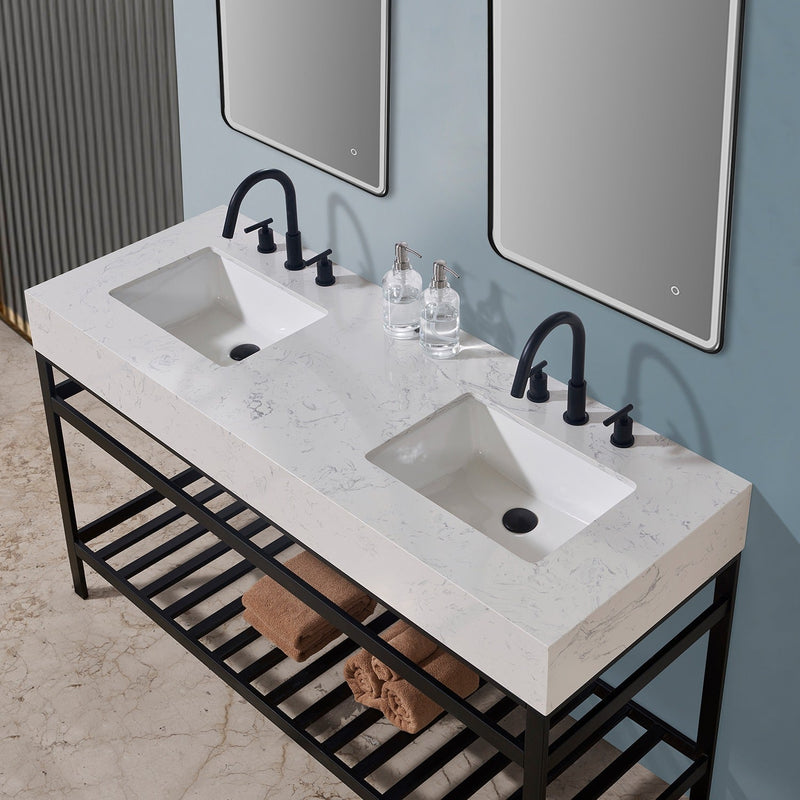 Altair Designs Merano 60" Double Stainless Steel Vanity Console with Aosta White Stone Countertop - 68060-AWAP-MB-NM - Backyard Provider