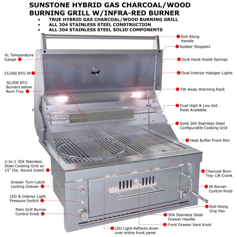 Sunstone Metal Products Hybrid Grills - 30" Drop In Charcoal Grill