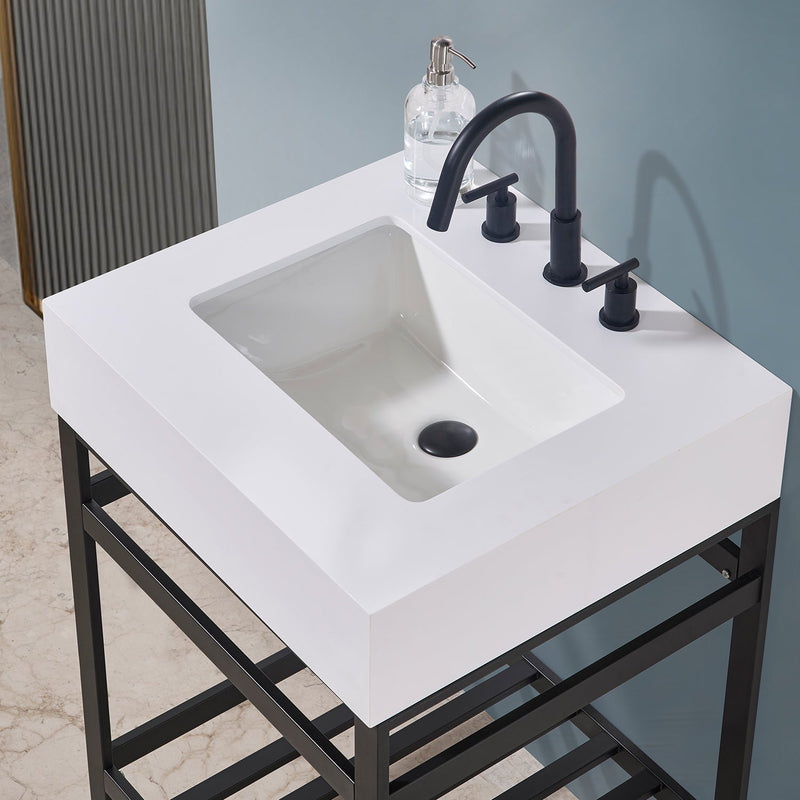 Altair Designs Edolo 24" Single Stainless Steel Vanity Console in Matte Black with Snow White -Stone Countertop - 70024-SWAP-MB-NM - Backyard Provider