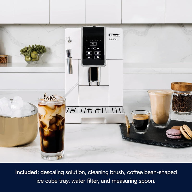 De'Longhi Dinamica Fully Automatic Coffee and Espresso Machine with Premium Manual Milk Frother in White ECAM35020W