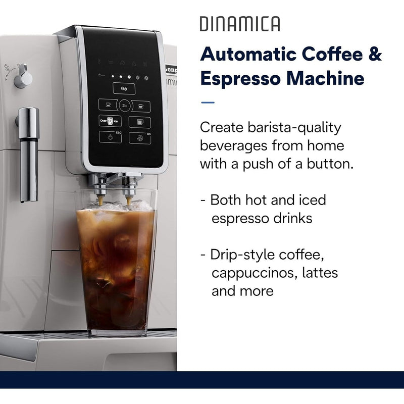 De'Longhi Dinamica Fully Automatic Coffee and Espresso Machine with Premium Manual Milk Frother in White ECAM35020W