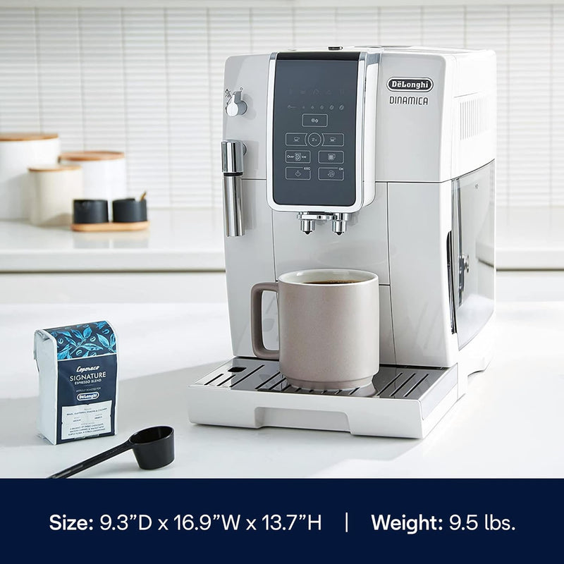 De'Longhi Dinamica Fully Automatic Coffee and Espresso Machine with Premium Manual Milk Frother in White ECAM35020W