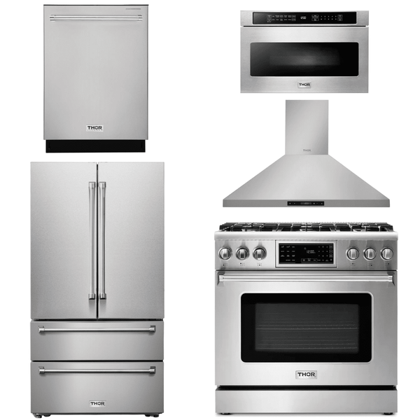 Thor Kitchen Appliance Package - 36 In. Natural Gas Range, Range Hood, Microwave Drawer, Refrigerator, Dishwasher, AP-TRG3601-7