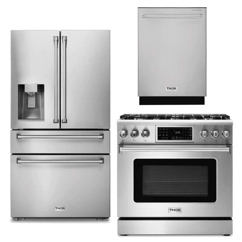 Thor Kitchen Appliance Package - 36 In. Natural Gas Range, Refrigerator with Water and Ice Dispenser, Dishwasher, AP-TRG3601-9