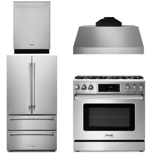 Thor Kitchen Appliance Package - 36 In. Gas Range, Range Hood, Microwave Drawer, Refrigerator, Dishwasher, AP-TRG3601-C-2