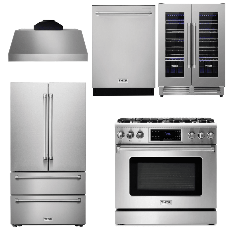 Thor Kitchen Appliance Package - 36 In. Gas Range, Range Hood, Refrigerator, Dishwasher, Wine Cooler, AP-TRG3601-C-3