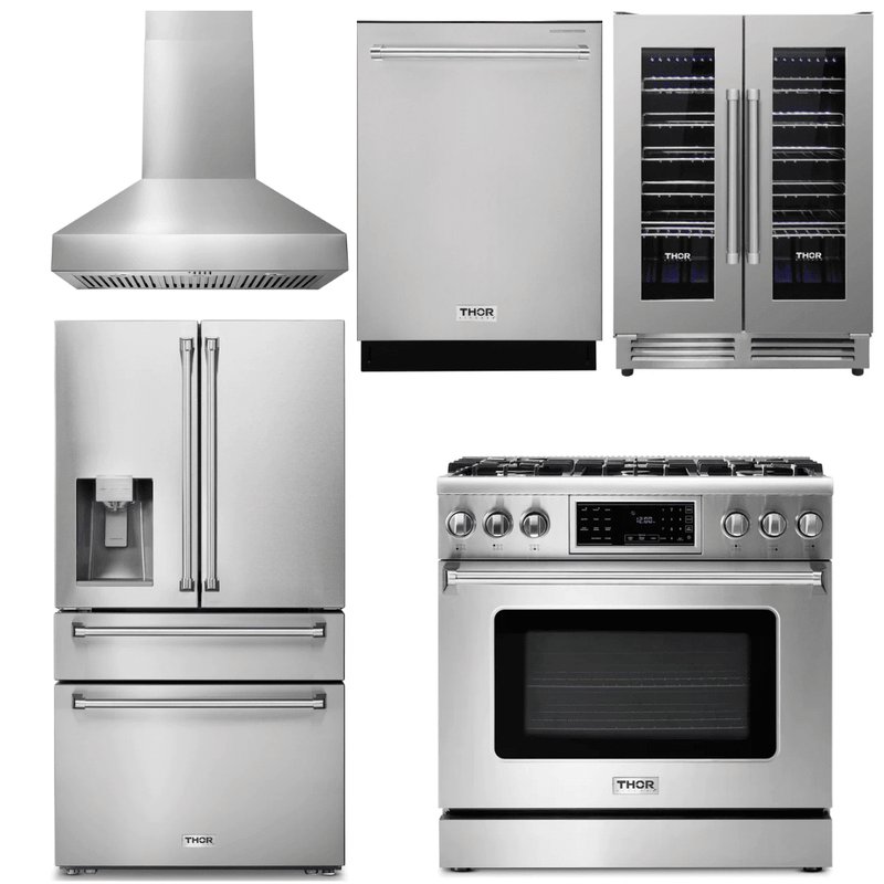 Thor Kitchen Appliance Package - 36 In. Natural Gas Range, Range Hood, Refrigerator with Water and Ice Dispenser, Dishwasher, Wine Cooler, AP-TRG3601-W-8