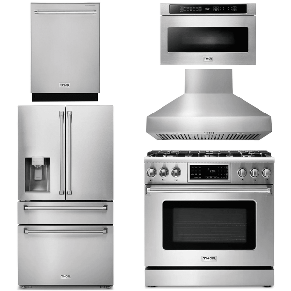 Thor Kitchen Appliance Package - 36 In. Gas Range, Range Hood, Microwave Drawer, Refrigerator with Water and Ice Dispenser, Dishwasher, AP-TRG3601-W-9