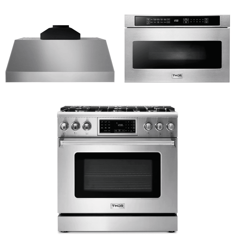 Thor Kitchen Appliance Package - 36 In. Propane Gas Range, Range Hood, Microwave Drawer, AP-TRG3601LP-C-4