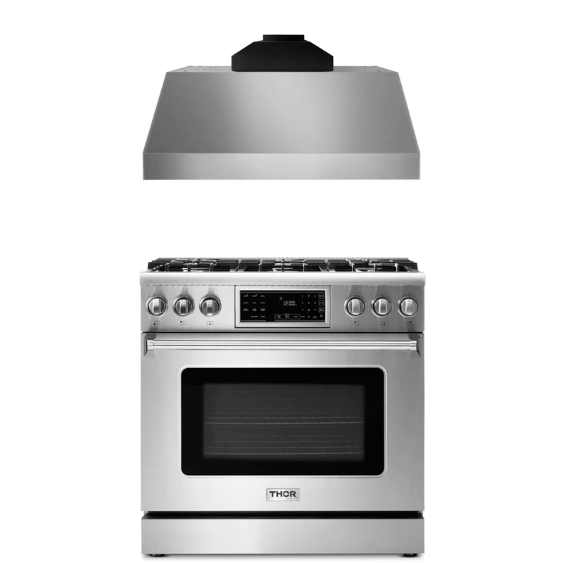 Thor Kitchen Appliance Package - 36 In. Propane Gas Range, Range Hood, AP-TRG3601LP-C