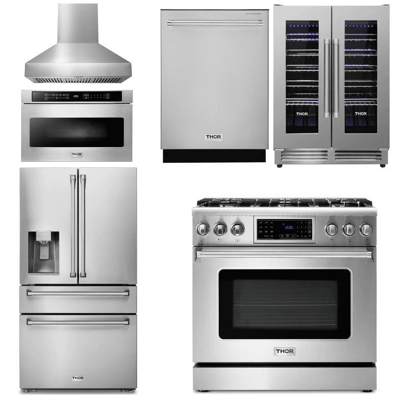 Thor Kitchen Appliance Package - 36 In. Gas Range, Range Hood, Microwave Drawer, Refrigerator with Water and Ice Dispenser, Dishwasher, Wine Cooler, AP-TRG3601LP-W-10