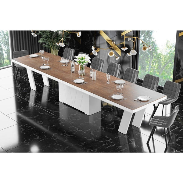 Maxima House Dining Set ALETA 11 pcs. modern wood/ white Dining Table with 4 self-starting leaves plus 10 chairs - HU0083K-332GR - Backyard Provider