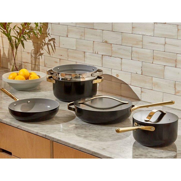 Caraway Non-Toxic and Non-Stick Cookware Set in Black with Gold Handles - Backyard Provider