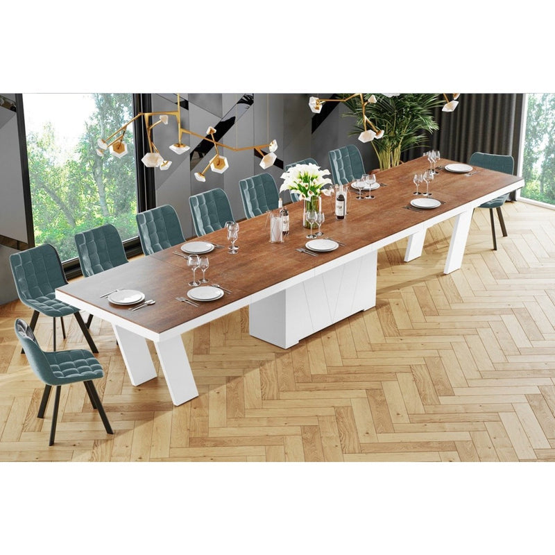 Maxima House Dining Set ALETA 11 pcs. modern wood/ white Dining Table with 4 self-starting leaves plus 10 chairs - HU0083K-332GR - Backyard Provider