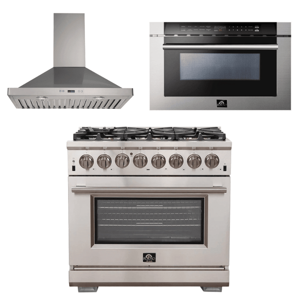 Forno Appliance Package - 36 Inch Gas Burner/Electric Oven Pro Range, Wall Mount Range Hood, Microwave Drawer, AP-FFSGS6187-36-W-3