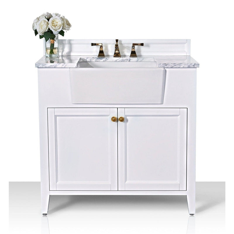 Ancerre Adeline Bathroom Vanity with Farmhouse Sink and Carrara White Marble Top Cabinet Set - VTS-ADELINE-36-W-CW-GD - Backyard Provider