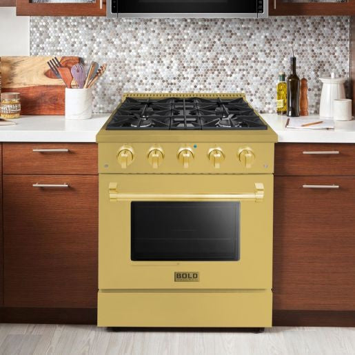 Hallman BOLD GOLD 30" 4.2 Cu. Ft. 4 Burner Freestanding Dual Fuel Range and Electric Oven - HBRDF30GD