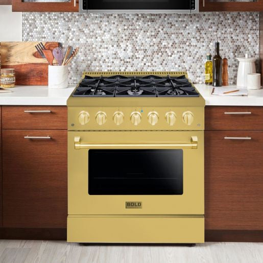 Hallman BOLD GOLD 36" 5.2 Cu. Ft. 6 Burner Freestanding Dual Fuel Range and Electric Oven - HBRDF36GD