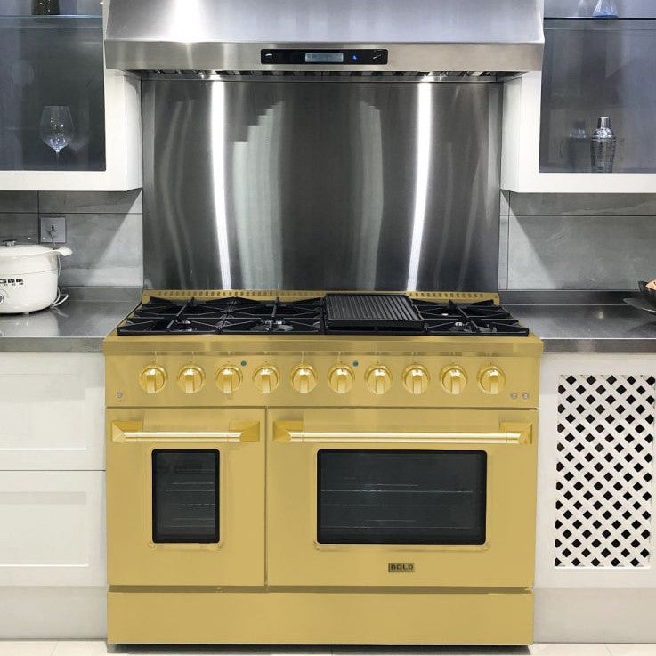 Hallman BOLD GOLD 48" 6.7 Cu. Ft. 8 Burner Freestanding Dual Fuel Range and Electric Oven - HBRDF48GD