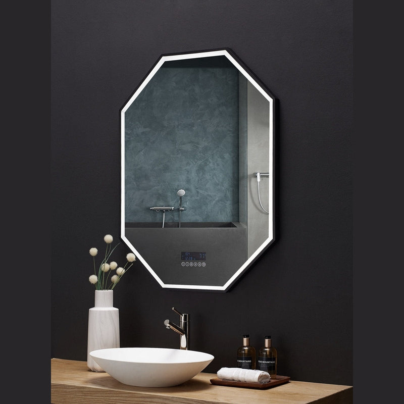 Ancerre Otto LED Octagon Black Framed Lighted Bathroom Vanity Mirror with Bluetooth and Digital Display - LEDM-OTTO-24 - Backyard Provider