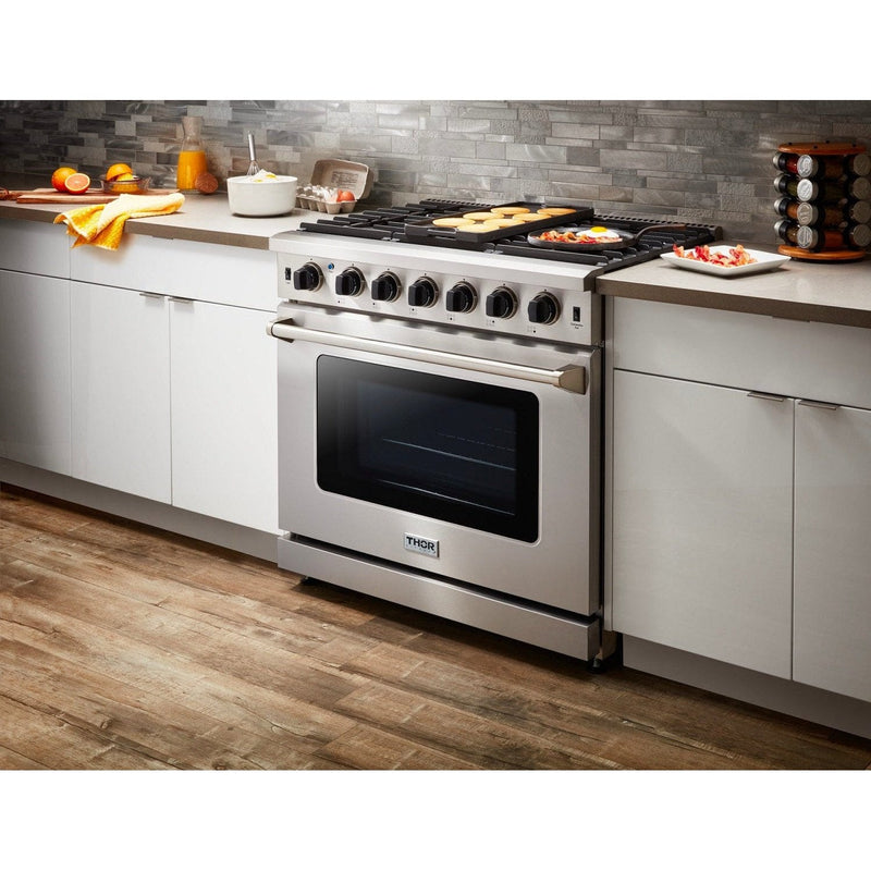 Thor Kitchen Appliance Package - 36 in. Propane Gas Range, Range Hood, Microwave Drawer, Refrigerator, Dishwasher, AP-LRG3601ULP-7