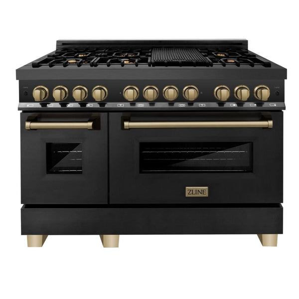 ZLINE Autograph 48 in. Gas Burner/Electric Oven Range in Black Stainless Steel and Champagne Bronze Accents, RABZ-48-CB