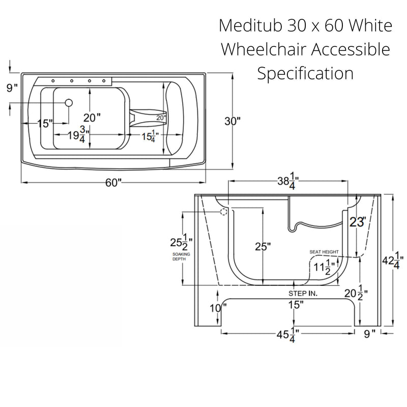 Meditub 30 x 60 White Wheelchair Accessible Bathtub 3060WCA - Backyard Provider