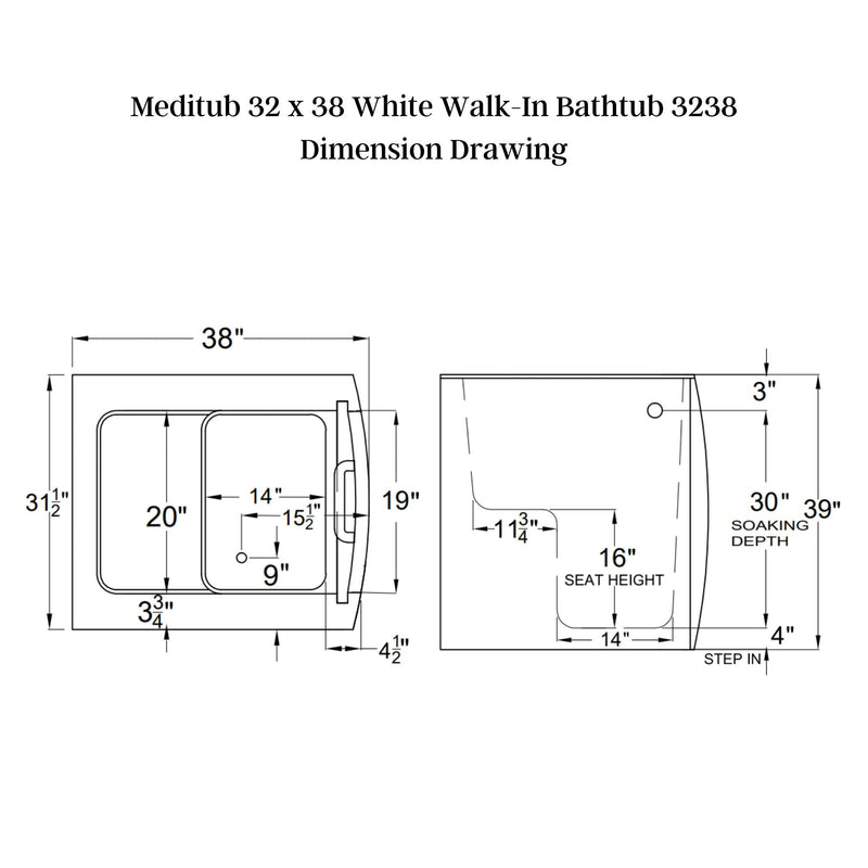 Meditub 32 x 38 White Walk-In Bathtub 3238 - Backyard Provider