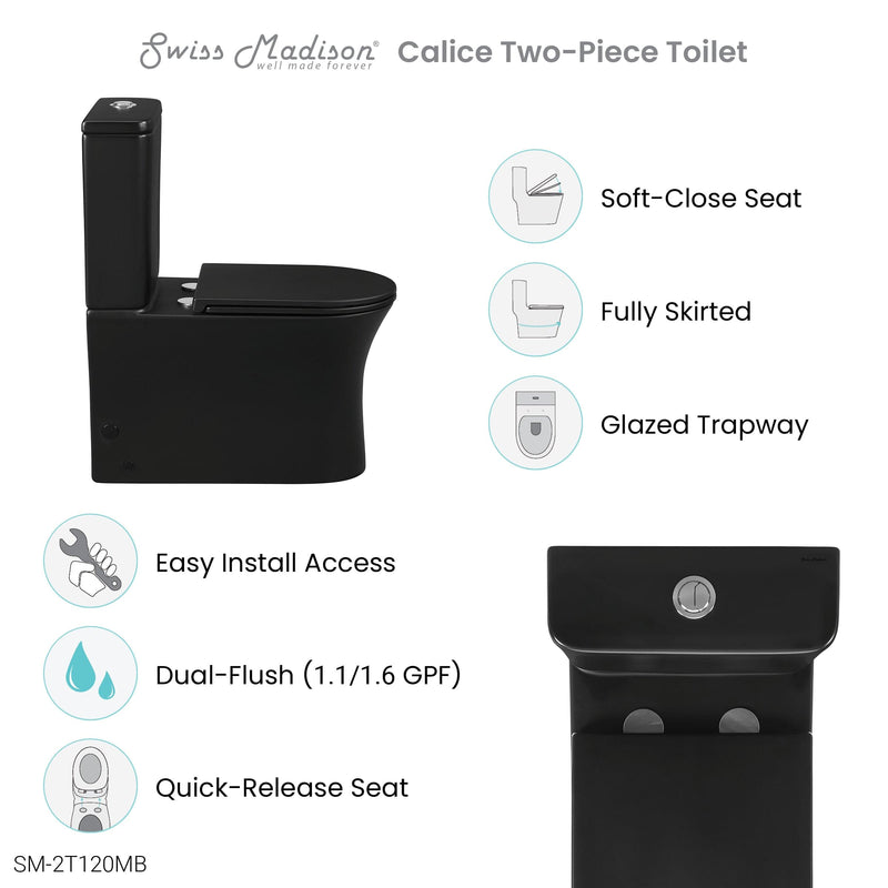 Swiss Madison Calice Two-Piece Elongated Rear Outlet Toilet Dual-Flush 0.8/1.28 gpf in Matte Black - SM-2T120MB - Backyard Provider