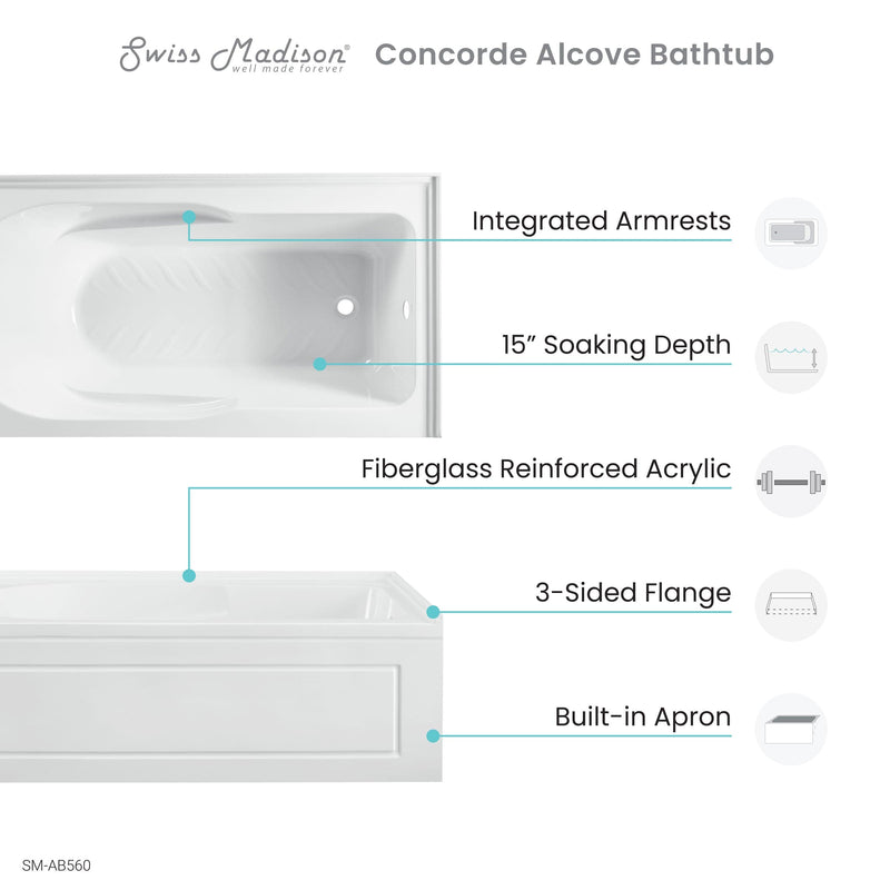 Swiss Madison Concorde 60 in. x 32 in. Acrylic Glossy White, Alcove, Integral, Right-Hand Drain, Apron Bathtub - SM-AB560 - Backyard Provider