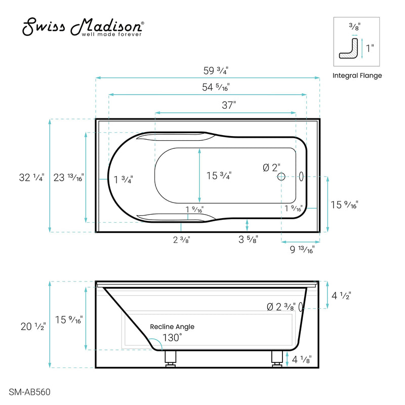 Swiss Madison Concorde 60 in. x 32 in. Acrylic Glossy White, Alcove, Integral, Right-Hand Drain, Apron Bathtub - SM-AB560 - Backyard Provider