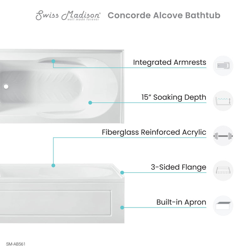 Swiss Madison Concorde 60 in. x 32 in. Acrylic Glossy White, Alcove, Integral, Left-Hand Drain, Apron Bathtub - SM-AB561 - Backyard Provider