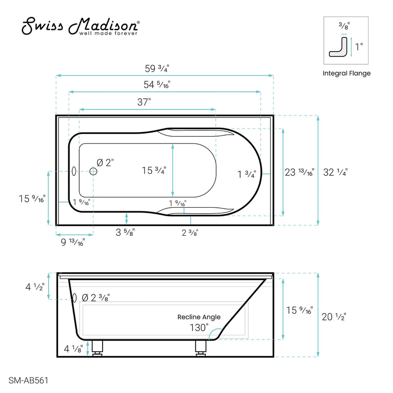 Swiss Madison Concorde 60 in. x 32 in. Acrylic Glossy White, Alcove, Integral, Left-Hand Drain, Apron Bathtub - SM-AB561 - Backyard Provider