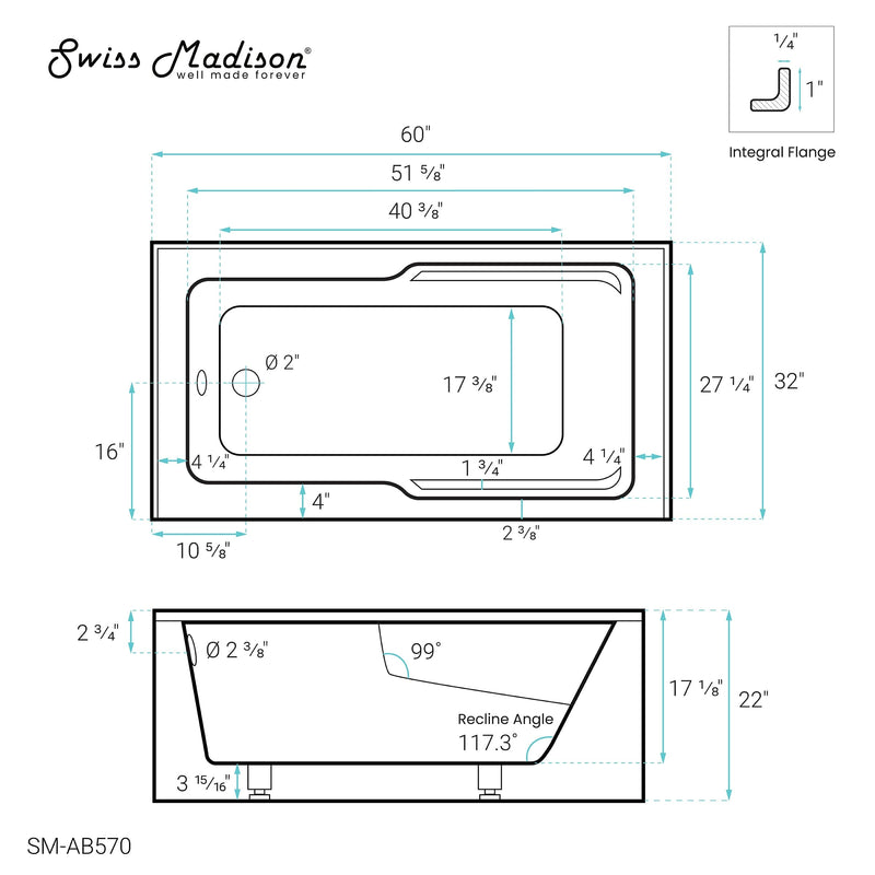 Swiss Madison Claire 60" x 32" Left-Hand Drain Drain Alcove Tub with Corner Apron - SM-AB570 - Backyard Provider