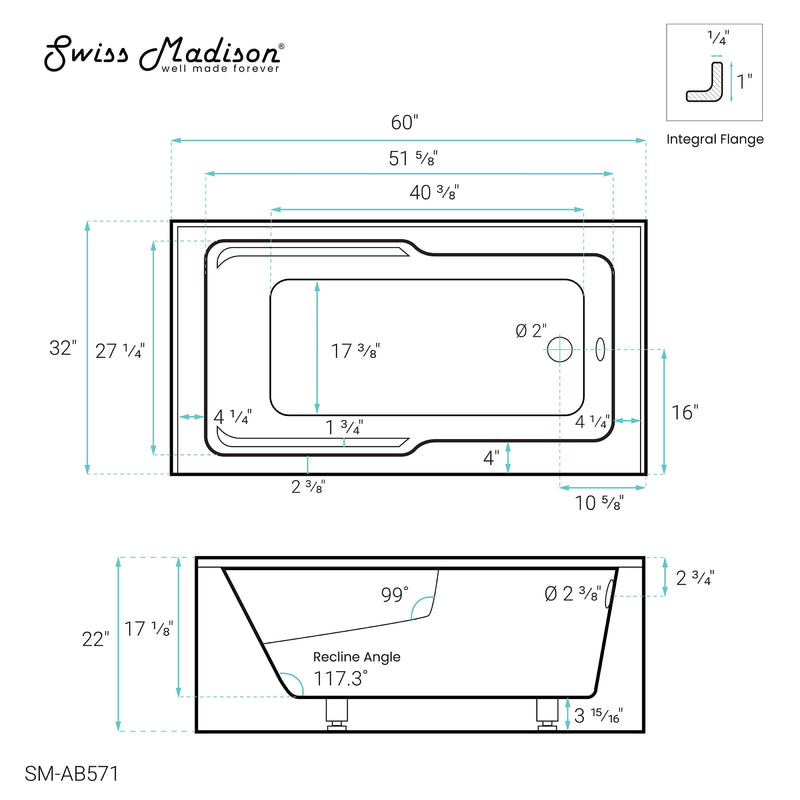 Swiss Madison Claire 60" x 32" Right-Hand Drain Drain Alcove Tub with Corner Apron - SM-AB571 - Backyard Provider