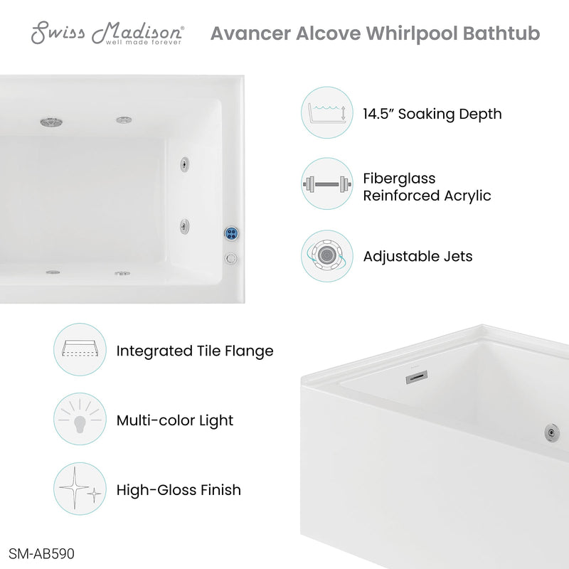 Swiss Madison Avancer 60" x 36" Left-Hand Drain Rectangular Alcove Whirlpool Bathtub with Apron - SM-AB590 - Backyard Provider