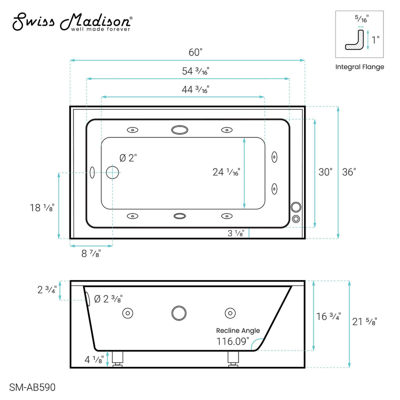 Swiss Madison Avancer 60" x 36" Left-Hand Drain Rectangular Alcove Whirlpool Bathtub with Apron - SM-AB590 - Backyard Provider