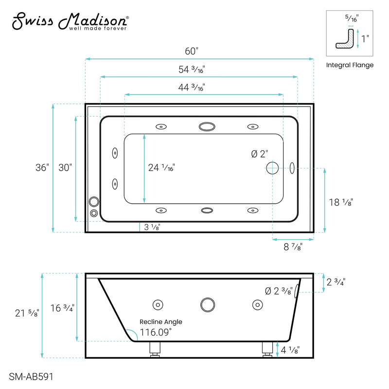 Swiss Madison Avancer 60" x 36" Right-Hand Drain Rectangular Alcove Whirlpool Bathtub with Apron - SM-AB591 - Backyard Provider