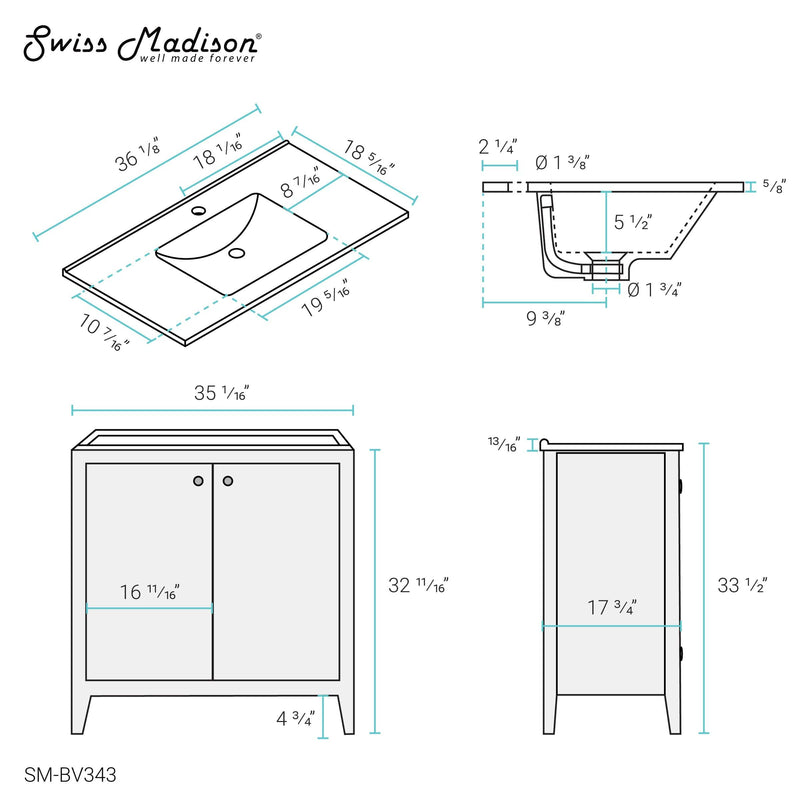 Swiss Madison Eclair 36" Bathroom Vanity in Oak - SM-BV343 - Backyard Provider